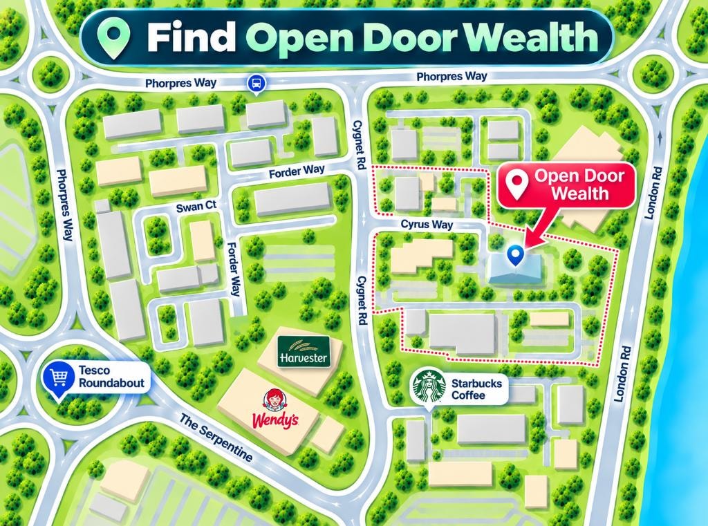 Map showing how to find Open Door Wealth in Peterborough