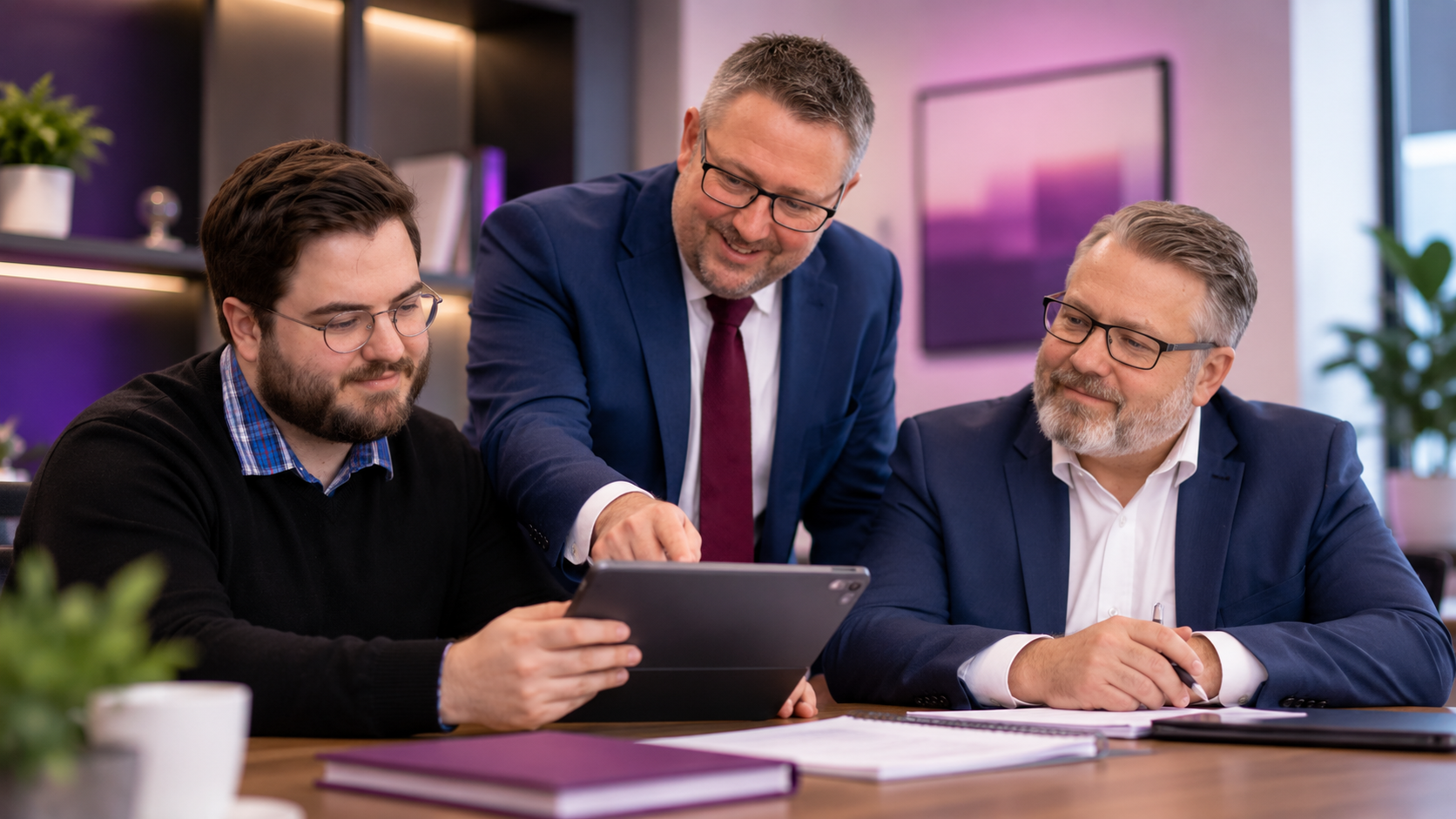 Open Door Wealth advisers discussing financial planning around a tablet